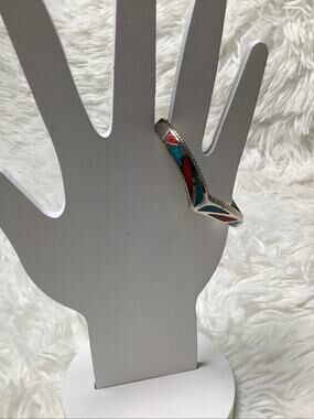 Zuni Sterling Silver Stone Inlay Native American Cuff Bracelet Vintage E3-34